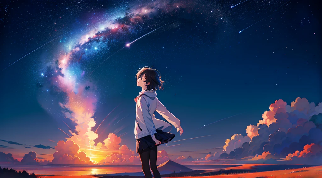 vast landscape photos, A girl stands and stares at the distant cityscape, look up to the sky, meteor, firefly, dream, Makoto Shinkai Cyril Rolando, Universe sky. 4K anime wallpaper, anime wallpaper 4k, anime wallpaper 4k, Anime Art Wallpaper 4K, Anime Art Wallpaper 4k, Sitting on the cosmic cloudscape, anime art wallpaper 8k, Put your hands on your legs