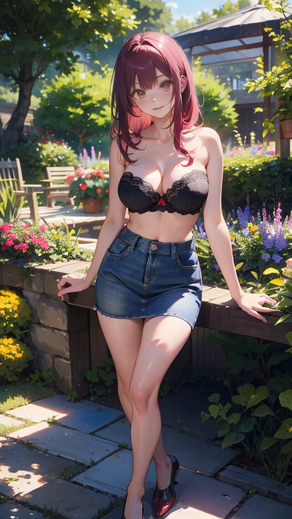 illustration:Ultra-delicate,White skin,Large breasts:15,Denim skirt 1:5,Black underwear 1:5,Strapless bra1:5,Long pink hair,The background is the garden,There are chairs in the garden,sit on the chair