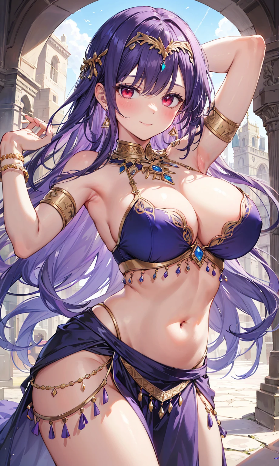 high quality, ultra detailed, best quality, insanely detailed, beautiful, masterpiece, 1girl, medieval plaza, cowboy shot, red eyes, long hair, purple hair, belly dancer, circlet, earrings, armlets, bracelets, bashful smile, large breasts, cleavage, soft stomach