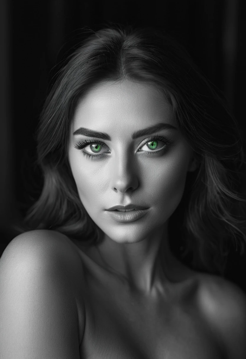 black and white, a woman with green eyes, flawless skin, half body shot, whimsical photography style, captured with an Arriflex 35BL camera using Canon K25 prime lenses, cinematic, dramatic lighting, ultra clear, breathtaking surreal masterpiece.