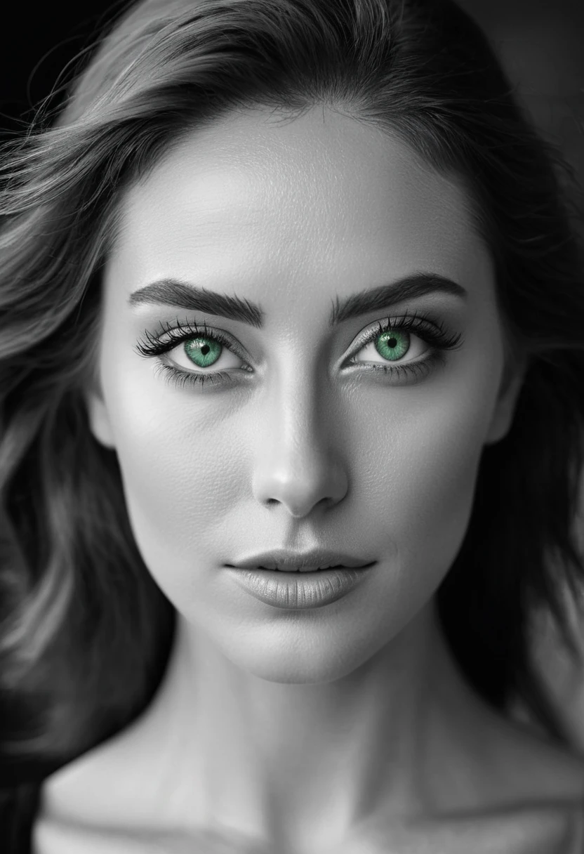 black and white, a woman with  green eyes, flawless skin, half body shot, whimsical photography style, captured with an Arriflex 35BL camera using Canon K25 prime lenses, cinematic, dramatic lighting, ultra clear, breathtaking surreal masterpiece.