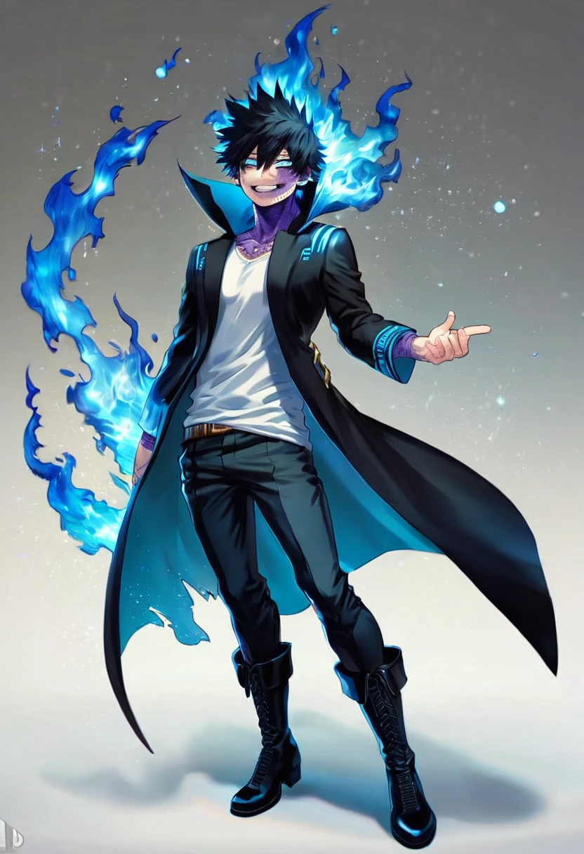 absurdres, highres, ultra detailed, HDR, master piece, best quality, extremely detailed face, delicated features, Dabi, black hair, expressive turquoise eyes, Boku No Hero Academia, sexy man, solo, handsome, smiling, black coat with high collar, white T-shirt, black pants, black boots, full body, fantasy, magical, blue fire, starry sky, blue lights