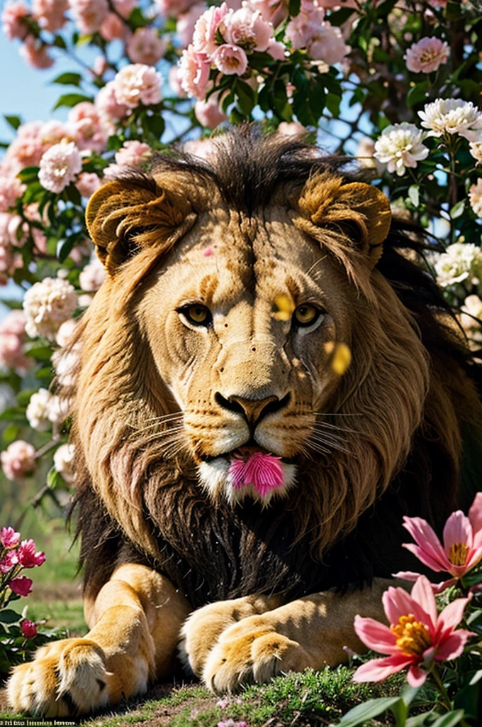 lion with a lush mane in shades of pink, orange and cream. The lion is depicted amidst a backdrop of vibrant and colorful flowers, which include pinks, yellows and reds. Delicate petals and leaves surround the lion figure, adding a touch of fantasy and beauty to the environment. The background is soft and in pastel tones, further highlighting the richness of colors of the mane and flowers. The lion's expression is serene and majestic, conveying a feeling of royalty and tranquility.