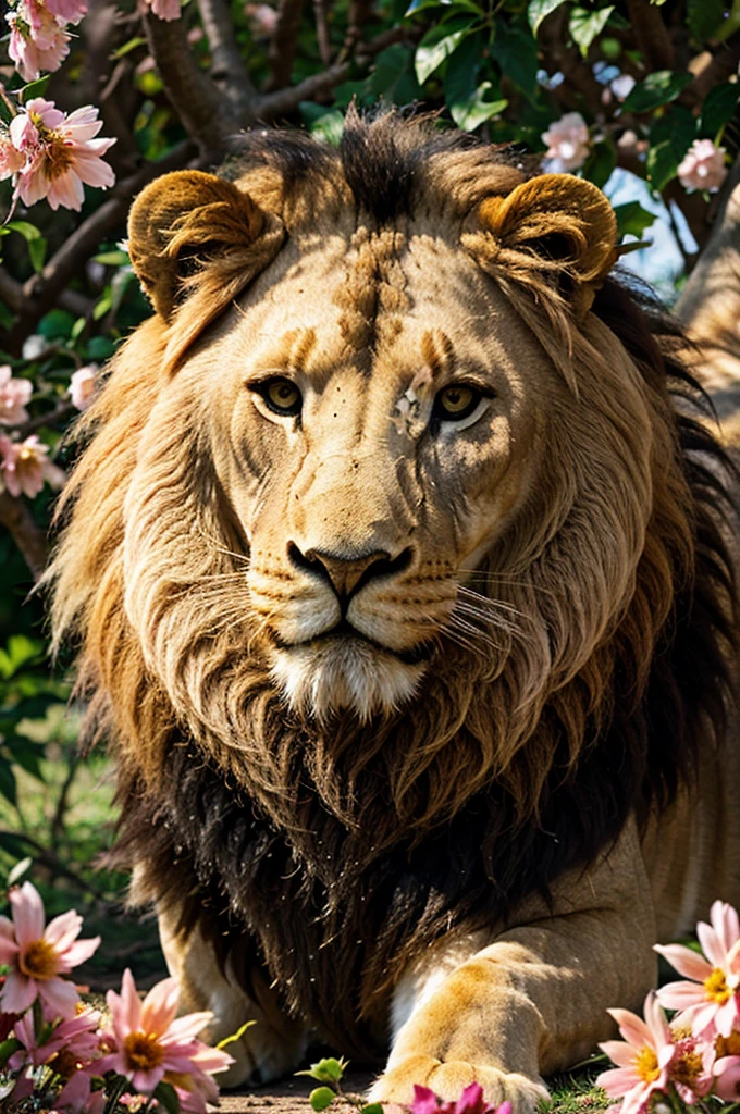 lion with a lush mane in shades of pink, orange and cream. The lion is depicted amidst a backdrop of vibrant and colorful flowers, which include pinks, yellows and reds. Delicate petals and leaves surround the lion figure, adding a touch of fantasy and beauty to the environment. The background is soft and in pastel tones, further highlighting the richness of colors of the mane and flowers. The lion's expression is serene and majestic, conveying a feeling of royalty and tranquility.