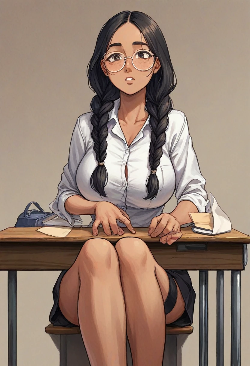 a woman, small face, head of an oval shape, with a broad forehead and soft cheeks that taper towards the chin. small eyes, Brown eyes, round glasses, black hair, long braids, straight bangs that cover the forehead, cut evenly, BROWN SKIN, huge breasts, slim and well developed body, Wide hips, freckles in the face, cara coquette, sonrisa coquette, nerd, posing sexually, a small, very tight white dress shirt, microfalda, long black stockings, small legs, tight clothes, in an empty school, sitting at a desk, legs open, showing her underwear, coquette, front view, looking down