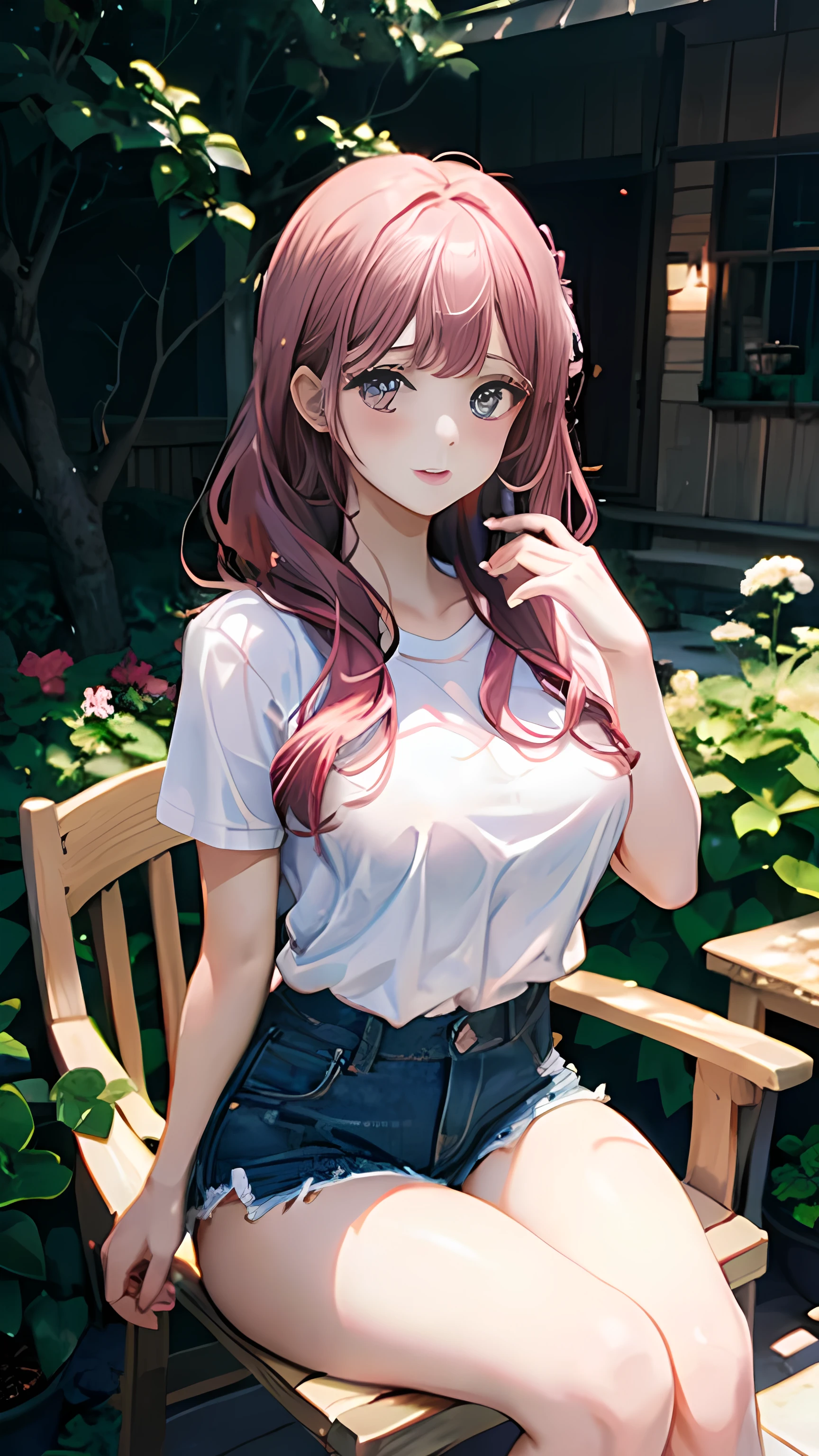 (masterpiece:1.2, Top quality),, Nice illustration, (Natural side Light, Light),
Looking at the audience, 1 girl,Protruding nipples, Pink hair,White shirt clothes,Denim shorts,Large Breasts,Nipple protrusion 2:1,She sits in a garden chair,Protruding nipples