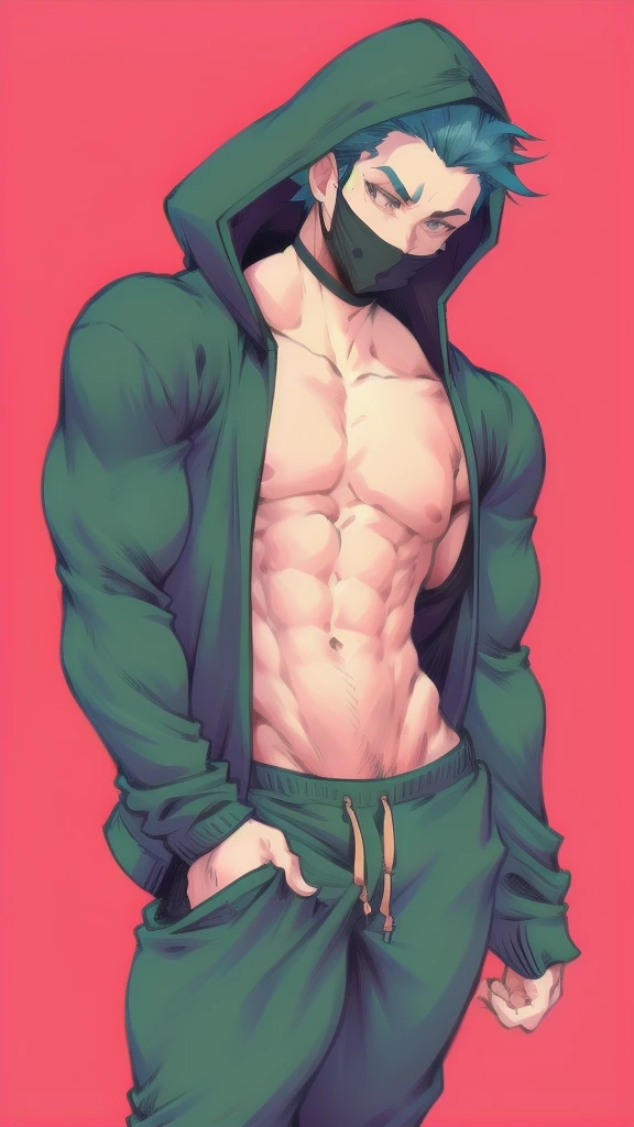 full body in image, face mask, hacker clothes, sweater clothing, sweater hoodie, joggers pants, masculine pose, unique hair, full naked man, male body, slender body, short hair, full body, hot body, sexy male body, dinamic pose, six patch. detalied pose, body, simple background, expressive face, focus on face, line art, sketch