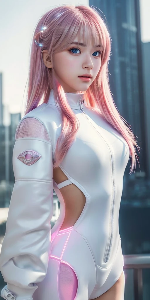 ((masterpiece, best quality, extremely detailed), volumetric lighting, ambient occlusion, colorful, glowing), 
1girl, solo, young girl, (pink hair), long hair, halo, aura, sacred, godness, cyber suit, (white outfit:1.3), android, bot, angel wings,
outdoors, sunset, sky, clouds, space, (cyberpunk theme:1.2),