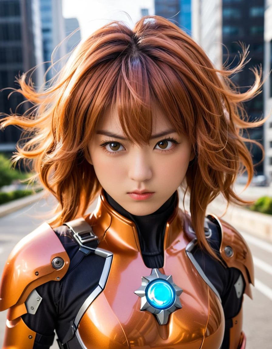 dynamic angle, (close up face), a ultra detailed beautiful photograph, (angry, embarrassed, tan), tsundere gal wearing a powered suit is a fusion of chaos and harmony. Her vibrant hair color and flashy nails contrast with the suit’s cold metallic quality. When she dons the suit’s helmet, her eyes blaze with fighting spirit and determination. Yet, amidst that strength, glimpses of her tsundere nature peek through. As she takes control of the powered suit, her movements overwhelm enemies in an instant.