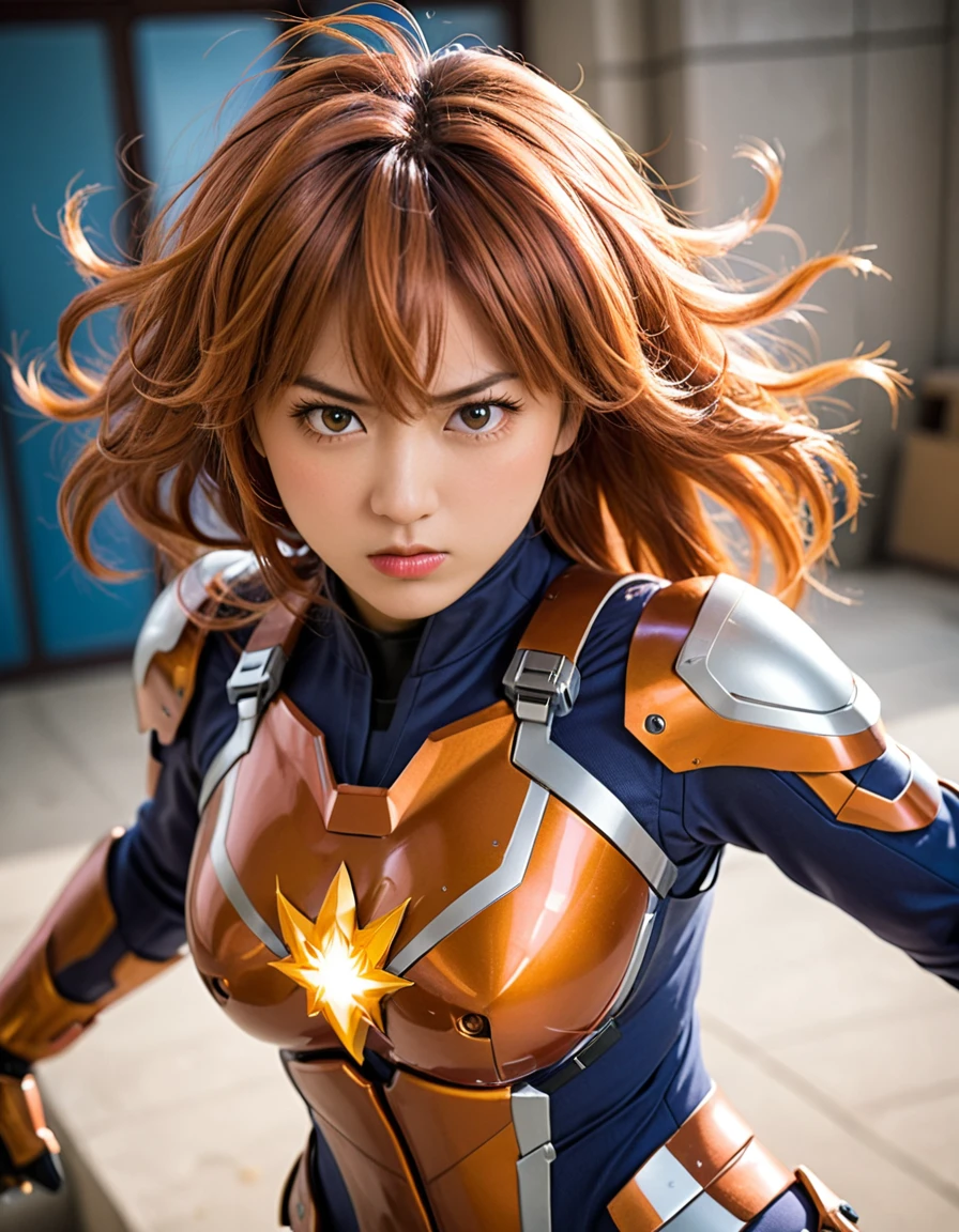 dynamic angle, (close up face), a ultra detailed beautiful photograph, (angry, embarrassed, tan), tsundere gal wearing a powered suit is a fusion of chaos and harmony. Her vibrant hair color and flashy nails contrast with the suit’s cold metallic quality. When she dons the suit’s helmet, her eyes blaze with fighting spirit and determination. Yet, amidst that strength, glimpses of her tsundere nature peek through. As she takes control of the powered suit, her movements overwhelm enemies in an instant.