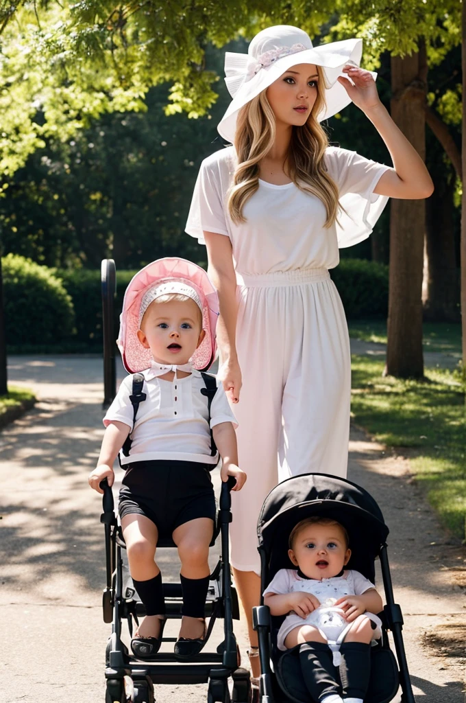 A striking cinematic photograph capturing a unique scene. A 20-year-old lithe female is strapped into a stroller. She wears a large pink and white baby diaper, a tight babydoll tee, a baby bonnet, and has a pacifier in her mouth. Her friend, a 20-year-old athletic blonde woman, pushes the stroller down an empty park path. The blonde woman wears a white blouse, tight black shorts, and a large sunhat. The image is bathed in warm sunlight, creating a dramatic contrast between the two women and their roles in this unconventional scenario., photo, cinematic