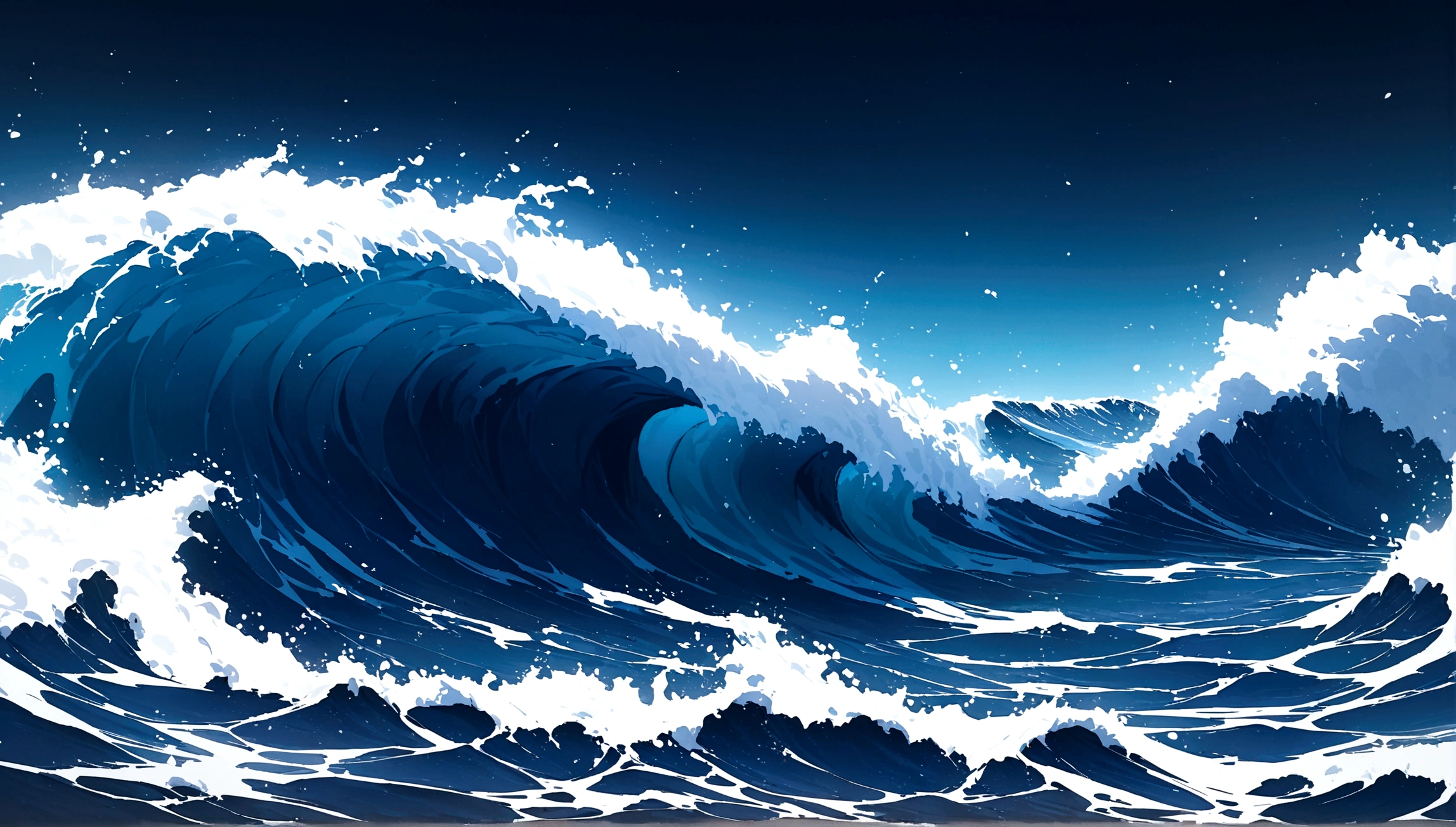 Ocean blue, Long Shot, Rendering with Unreal Engine 5, Practical, detailed, Ultra-high quality, Dark sky, No humans, No living things, There is no Earth, There are no rocks, Pacific Ocean,Big Wave