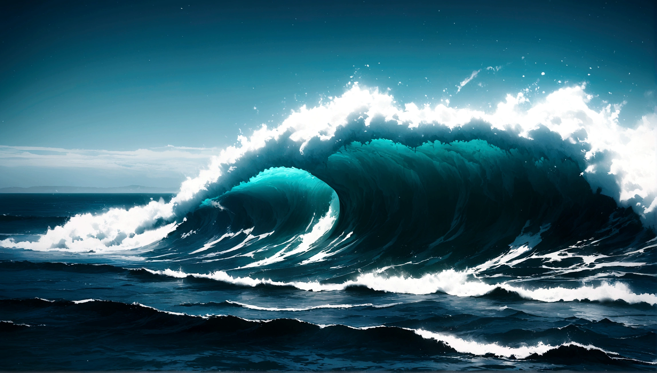 Ocean blue, Long Shot, Rendering with Unreal Engine 5, Practical, detailed, Ultra-high quality, Dark sky, No humans, No living things, There is no Earth, There are no rocks, Pacific Ocean,Big Wave