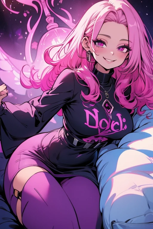 Perfect face, Perfect hands. A pink haired woman with violet eyes and an hourglass figure in a sweatshirt dress is laying in bed with a smile.