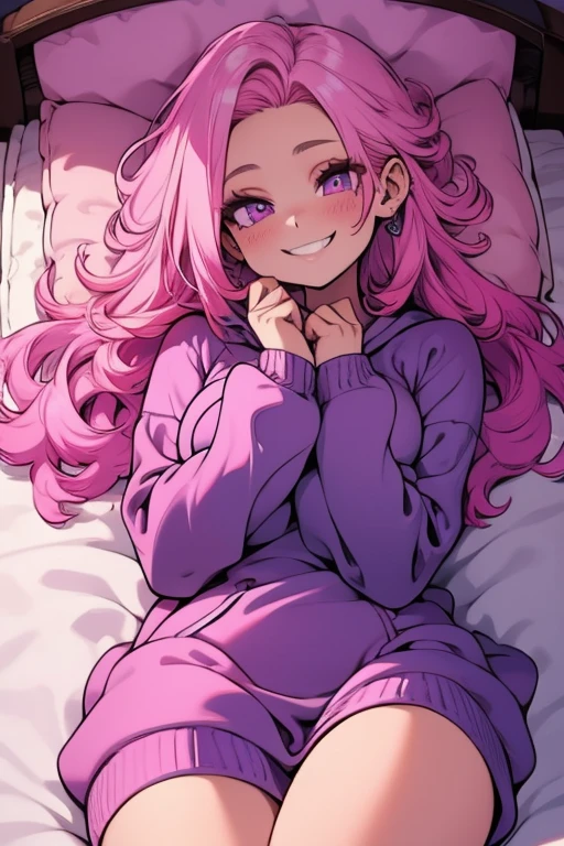 Perfect face, Perfect hands. A pink haired woman with violet eyes and an hourglass figure in a sweatshirt dress is laying in bed with a smile.