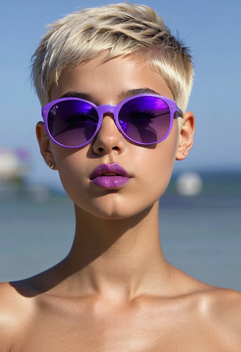 naked fully tanned naked girl, short blonde pixie cut hair, shaved hair on right side of head, wearing purple sunglasses, big frown on face, pouty lips, small bust, riche, sunny, collier