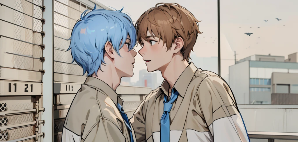 two young men with white school shirts with brown hair and the other with blue hair approach each other and look into each other&#39;s eyes, one of them is speaking seriously.