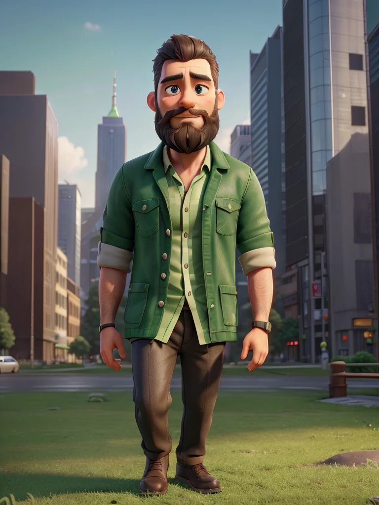 1 middle height man with short beard, cute, city landscape, evening, green grass, wet, professional lighting, photon mapping, radiation, physically-based rendering, (8K, raw photo, best quality, masterpiece:1.2), (realistic, photo-realistic:1.37)