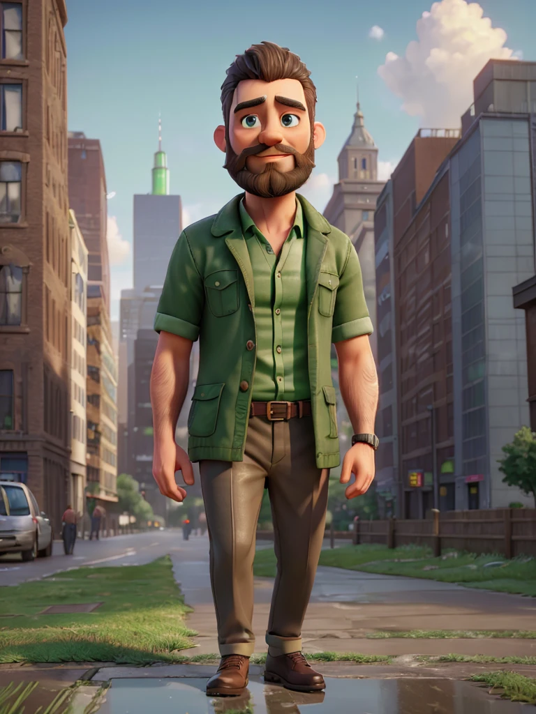 1 middle height man with short beard, cute, city landscape, evening, green grass, wet, professional lighting, photon mapping, radiation, physically-based rendering, (8K, raw photo, best quality, masterpiece:1.2), (realistic, photo-realistic:1.37)