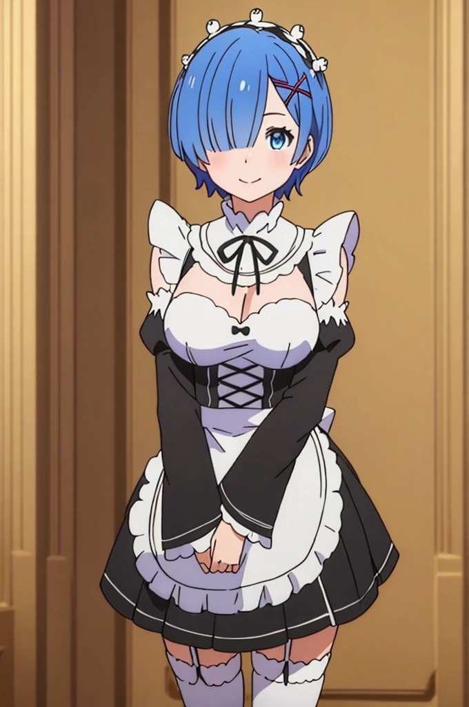 (masterpiece:1.3), (best quality:1.2), (8k, ultra detailed, ultra high res:1.1), (anime style), perfect 5 fingers, perfect anatomy, 
1girl,
short hair, 
blue hair, 
blue eyes,  
maid headdress, ribbon, x hair ornament, 
large breasts, 
BREAK maid uniform, black unuform, detached sleeves, white tights, 
smile, 
looking at viewer, 
cowboy shot, 
BREAK outdoor, forest, 