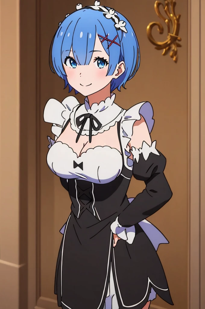 (masterpiece:1.3), (best quality:1.2), (8k, ultra detailed, ultra high res:1.1), (anime style), perfect 5 fingers, perfect anatomy, 
1girl,
short hair, 
blue hair, 
blue eyes,  
maid headdress, ribbon, x hair ornament, 
large breasts, 
BREAK maid uniform, black unuform, detached sleeves, white tights, 
smile, 
looking at viewer, 
cowboy shot, 
BREAK outdoor, forest, 