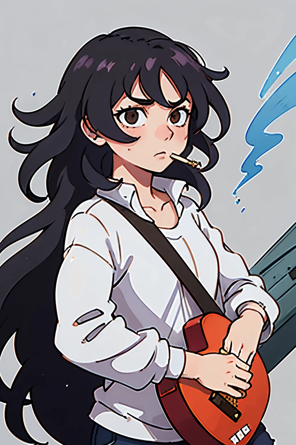 Megalobox style, scratches, wavy hair, you are dark, medium height, Play guitar, smoking, hummingbird flying over, Women