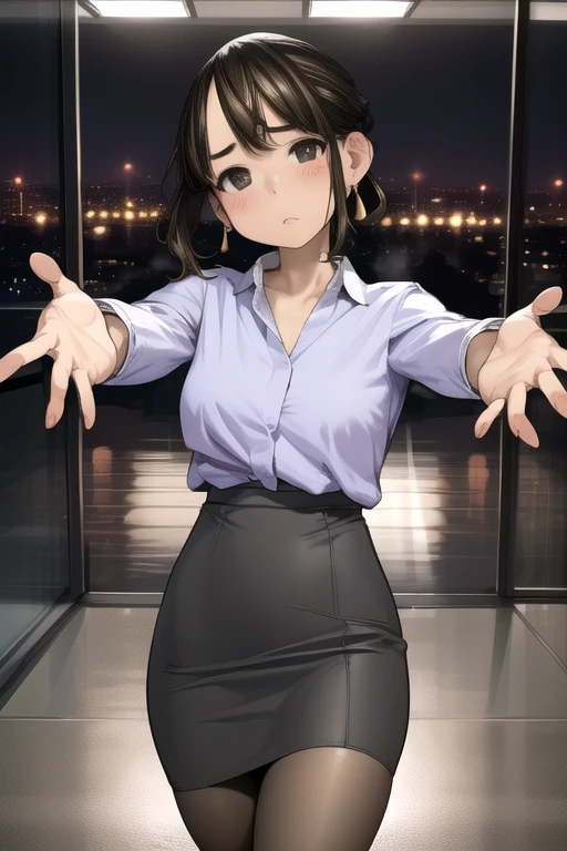 Very detailed, high quality:1.5, masterpiece, beautiful, Film Portraits,((douki-chan)),short ponytail,office lady,blue shirt,high-waist skirt,pencil skirt,pantyhose,jewelry,earrings,(((Tilt  head))),The hug is coming, incoming hug, Spread your hands,Empty station platform,night,Flushing of cheeks,Lovely,Station lighting,