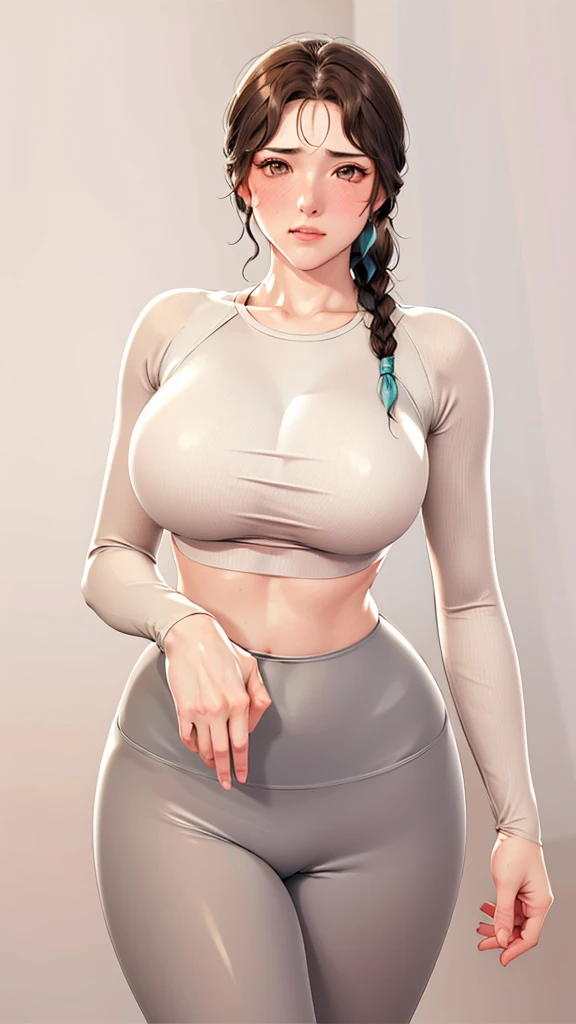 (（（Perfect body,White and tender skin,（（（Black yujiasuit, yoga pants, yoga long sleeves）））,（（（brown eyes, braid, long hair, braided ponytail, single braid, hair over shoulder, bangs, blush, lips）））,((masterpiece)),highres,((Best quality at best)),masterpiece,quality,Best quality,(（（ Exquisite facial features,Looking at the audience,There is light in the eyes,(（（frown，blush）））fitness，sports，）））,（（（Light and shadow,Huge breasts,）））,（（（Looking at the camera,White background)））)