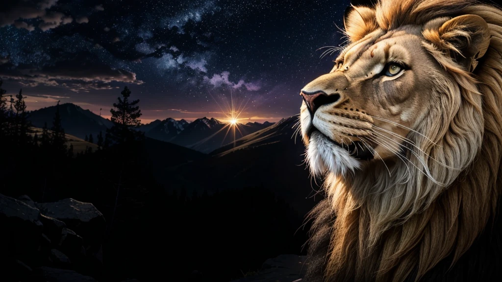 Lion, Divine Lion, naturals, naturals, ferocious, masculine, mighty, golden lion, Powerful Lion, Beautiful nature, Great Realistic Lion, FullHD 8K, Sky ligh, Sunset Night, Ligh Sky Sun, Balck Golden, black andwhite, black and gold, detailed realistic face, 8K Detailed Realistic White Lion, Ultrarealistic 8k |, Energia de thunder realista detalhada, Strong Creature realista detalhada, Strong Creature, Lion macho, Rendering, Fotorrealista 8K, UltraHD Alta definição 8K, Detailed Realistic 16K, Nitidez Fotorrealista 8K, 16K photorealistic textures, Contraste Fotorrealista 8K, Sombras Fotorrealistas 8K, Luzes Fotorrealistas 8K, Detailed realistic sunset, Detailed Realistic Lion Face, Detailed realistic light, detailed textures, thunder, detailed shadows, detailed colors, Celestial Electricity, Golden thunder, Lion realista, Ultra Realistic 16K, Realistic 16K, Realistic 16K sharpness, 16K photorealistic textures, 16K realistic colors, powerful creature, Majestic power, Power of Heaven, Great Divine, detailed contrast, realistic contrast, high resolution, detailed colors, fire, villany, divine creature, 8K, realistic detailed, 16K, 8K, High definition, detailed contrast, realistic contrast, high resolution, detailed colors, fire, villany, divine creature, realistic detailed, posh, chic