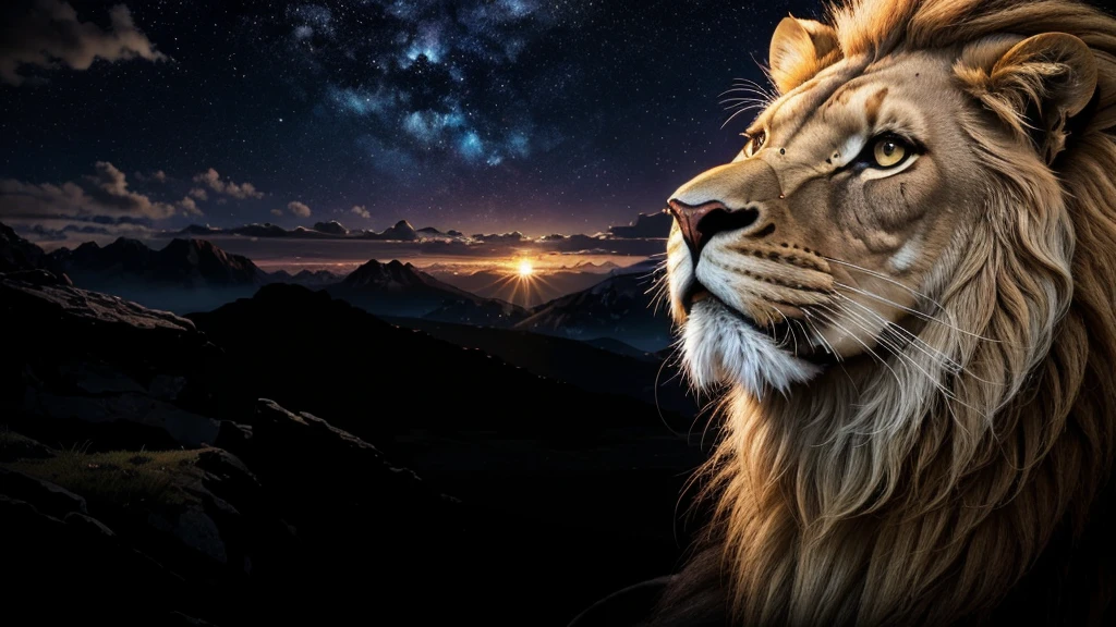 Lion, Divine Lion, naturals, naturals, ferocious, masculine, mighty, golden lion, Powerful Lion, Beautiful nature, Great Realistic Lion, FullHD 8K, Sky ligh, Sunset Night, Ligh Sky Sun, Balck Golden, black andwhite, black and gold, detailed realistic face, 8K Detailed Realistic White Lion, Ultrarealistic 8k |, Energia de thunder realista detalhada, Strong Creature realista detalhada, Strong Creature, Lion macho, Rendering, Fotorrealista 8K, UltraHD Alta definição 8K, Detailed Realistic 16K, Nitidez Fotorrealista 8K, 16K photorealistic textures, Contraste Fotorrealista 8K, Sombras Fotorrealistas 8K, Luzes Fotorrealistas 8K, Detailed realistic sunset, Detailed Realistic Lion Face, Detailed realistic light, detailed textures, thunder, detailed shadows, detailed colors, Celestial Electricity, Golden thunder, Lion realista, Ultra Realistic 16K, Realistic 16K, Realistic 16K sharpness, 16K photorealistic textures, 16K realistic colors, powerful creature, Majestic power, Power of Heaven, Great Divine, detailed contrast, realistic contrast, high resolution, detailed colors, fire, villany, divine creature, 8K, realistic detailed, 16K, 8K, High definition, detailed contrast, realistic contrast, high resolution, detailed colors, fire, villany, divine creature, realistic detailed, posh, chic