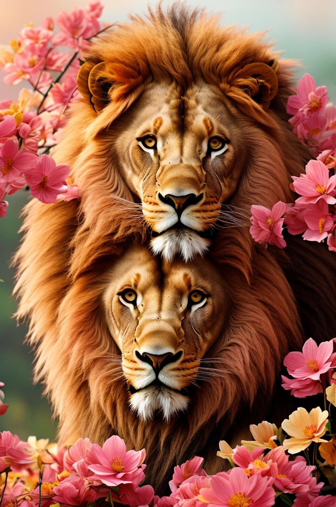 lion with a lush mane in shades of pink, orange and cream. The lion is depicted amidst a backdrop of vibrant and colorful flowers, which include pinks, yellows and reds. Delicate petals and leaves surround the lion figure, adding a touch of fantasy and beauty to the environment. The background is soft and in pastel tones, further highlighting the richness of colors of the mane and flowers. The lion's expression is serene and majestic, conveying a feeling of royalty and tranquility.