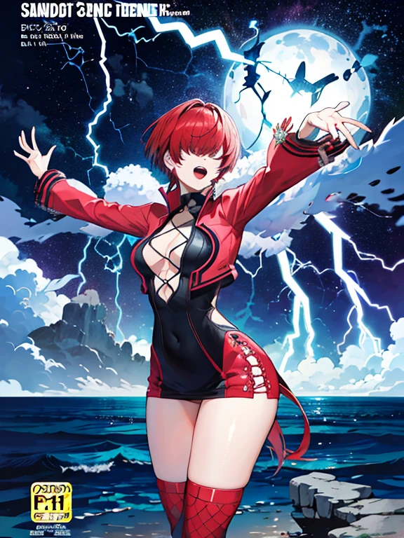 comic cover, no letters，Comic cover style，masterpiece， best quality， A high resolution， she1， （Hair over eyes：1.1）， The palm of the hand generates lightning，Surrounded by thunder，Ocean park，Sex slips, arms open, stand