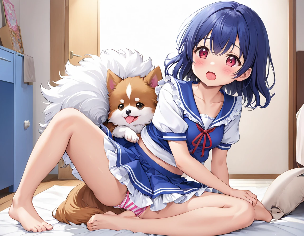 Plain white with emphasis on the chestTshirt、You can see the chest from the neck、Ultramarine and white striped mini skirt、When you lift up her skirt you can see her cute pink frilly underwear...、fluffy, White frilly flared skirt、When she lifted her skirt, She found some cute red frilly underwear、barefoot、Dog licks girl's underwear