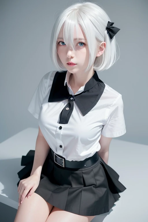 ((masterpiece, best quality)), (1girl), (solo), (female focus), (ahoge, white hair, short hair), blue eyes, ((white shirt), (buttoned shirt)), ((black skirt), (short skirt)), standing, white background, arms behind back, pretty face, perfect Breast