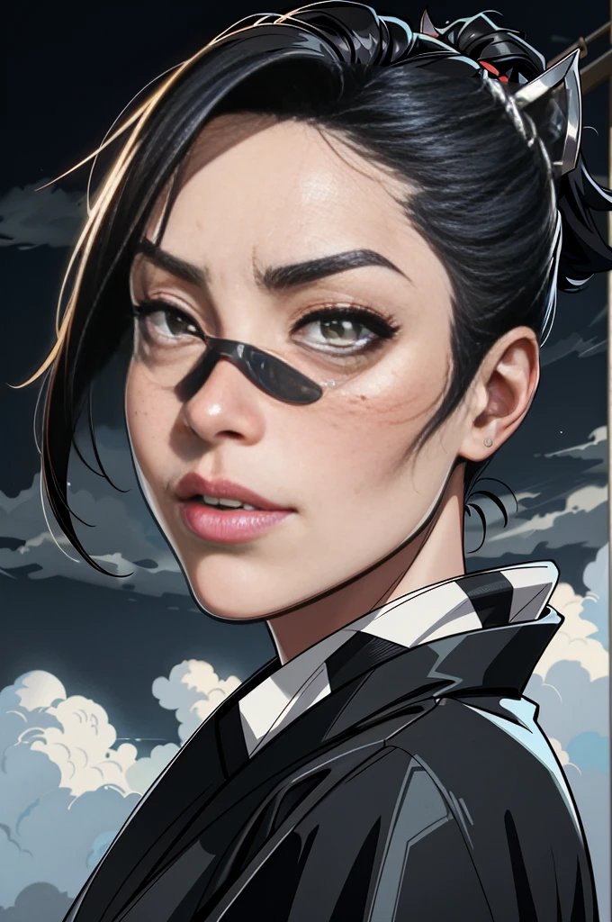 photorealistic, black and white, high contrast, dynamic lighting, two tone lighting, detailed paint stroke, cartoony, jojo style, spotlight, big lips, full lips, freckles, smirk, blindfold, looking down on viewer, serious face, samurai warrior, kimono, clouds, watcher over, close-up face, power stance, bow, soaked, (best quality,4k,8k,highres,masterpiece:1.2),ultra-detailed,(realistic,photorealistic,photo-realistic:1.37)