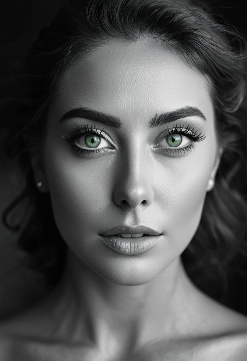 black and white, a woman with green eyes, flawless skin, half body shot, whimsical photography style, captured with an Arriflex 35BL camera using Canon K25 prime lenses, cinematic, dramatic lighting, ultra clear, breathtaking surreal masterpiece.