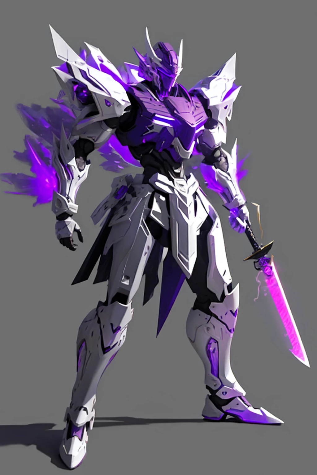 whole body,Standing posture, (White fuselage,Purple Lightning,knife,samurai),(White background) 