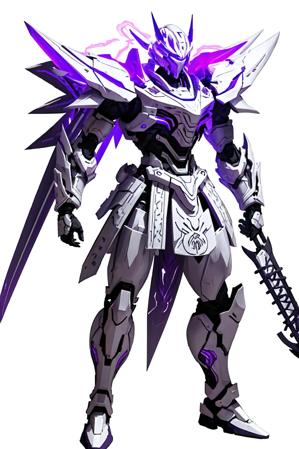 whole body,Standing posture, (White fuselage,Purple Lightning,knife,samurai),(White background) 