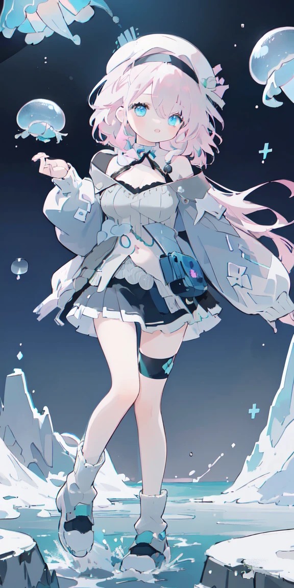 (One girl),Full Body Lesbian,
Pink Hair,Bright Blue Eyes,Aqua gradient eyes,
Straight long hair,French Braid,Black Hair Band, (White Beret),
Dark blue jellyfish,Dark blue skirt,Black coat,
Off the shoulder、((Grey sweater))、valley、