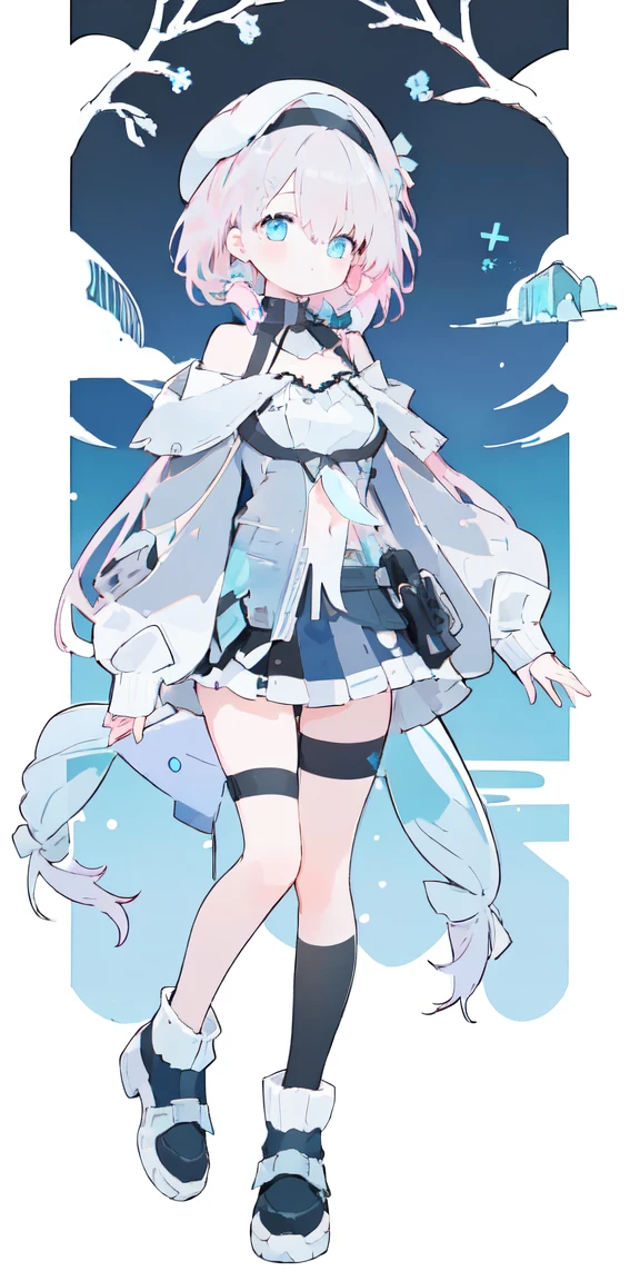 (One girl),Full Body Lesbian,
Pink Hair,Bright Blue Eyes,Aqua gradient eyes,
Straight long hair,French Braid,Black Hair Band, (White Beret),
Dark blue jellyfish,Dark blue skirt,Black coat,
Off the shoulder、((Grey sweater))、valley、