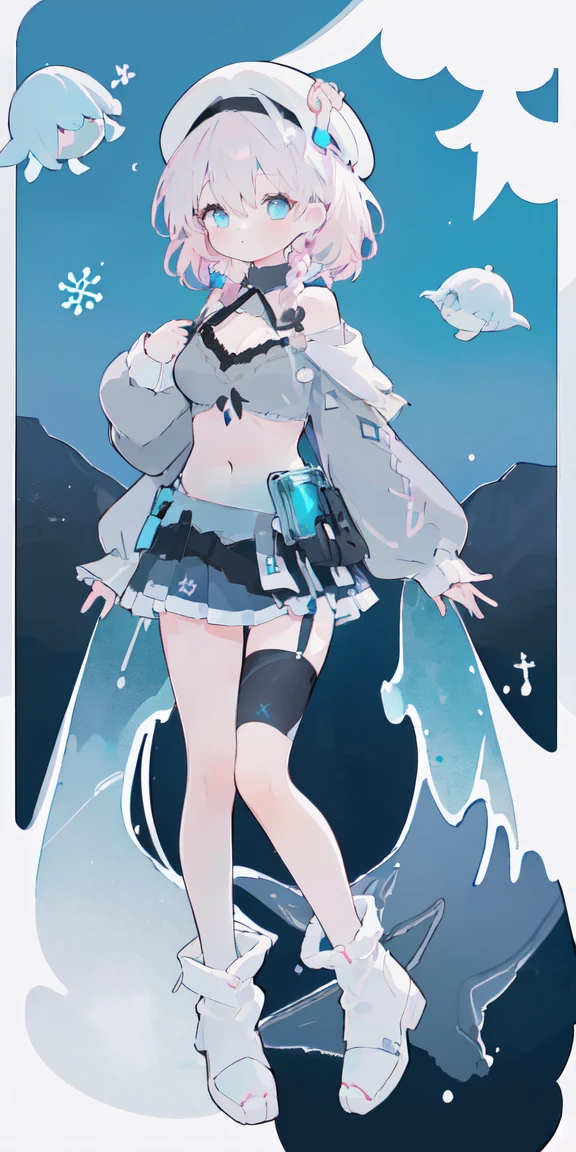 (One girl),Full Body Lesbian,
Pink Hair,Bright Blue Eyes,Aqua gradient eyes,
Straight long hair,French Braid,Black Hair Band, (White Beret),
Dark blue jellyfish,Dark blue skirt,Black coat,
Off the shoulder、((Grey sweater))、valley、