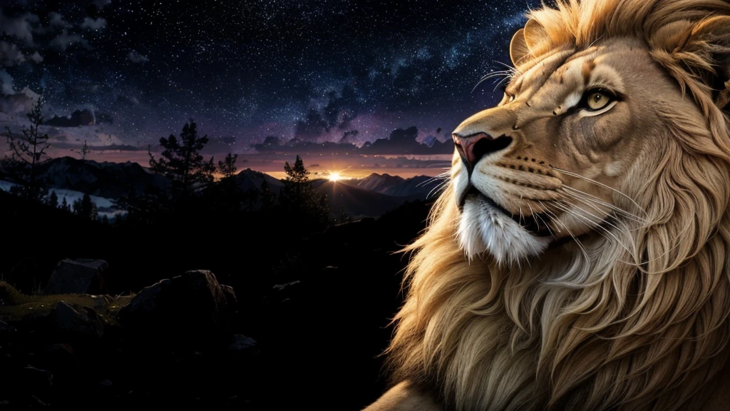 Lion, Divine Lion, naturals, naturals, ferocious, masculine, mighty, golden lion, Powerful Lion, Beautiful nature, Great Realistic Lion, FullHD 8K, Sky ligh, Sunset Night, Ligh Sky Sun, Balck Golden, black andwhite, black and gold, detailed realistic face, 8K Detailed Realistic White Lion, Ultrarealistic 8k |, Energia de thunder realista detalhada, Strong Creature realista detalhada, Strong Creature, Lion macho, Rendering, Fotorrealista 8K, UltraHD Alta definição 8K, Detailed Realistic 16K, Nitidez Fotorrealista 8K, 16K photorealistic textures, Contraste Fotorrealista 8K, Sombras Fotorrealistas 8K, Luzes Fotorrealistas 8K, Detailed realistic sunset, Detailed Realistic Lion Face, Detailed realistic light, detailed textures, thunder, detailed shadows, detailed colors, Celestial Electricity, Golden thunder, Lion realista, Ultra Realistic 16K, Realistic 16K, Realistic 16K sharpness, 16K photorealistic textures, 16K realistic colors, powerful creature, Majestic power, Power of Heaven, Great Divine, detailed contrast, realistic contrast, high resolution, detailed colors, fire, villany, divine creature, 8K, realistic detailed, 16K, 8K, High definition, detailed contrast, realistic contrast, high resolution, detailed colors, fire, villany, divine creature, realistic detailed, posh, chic