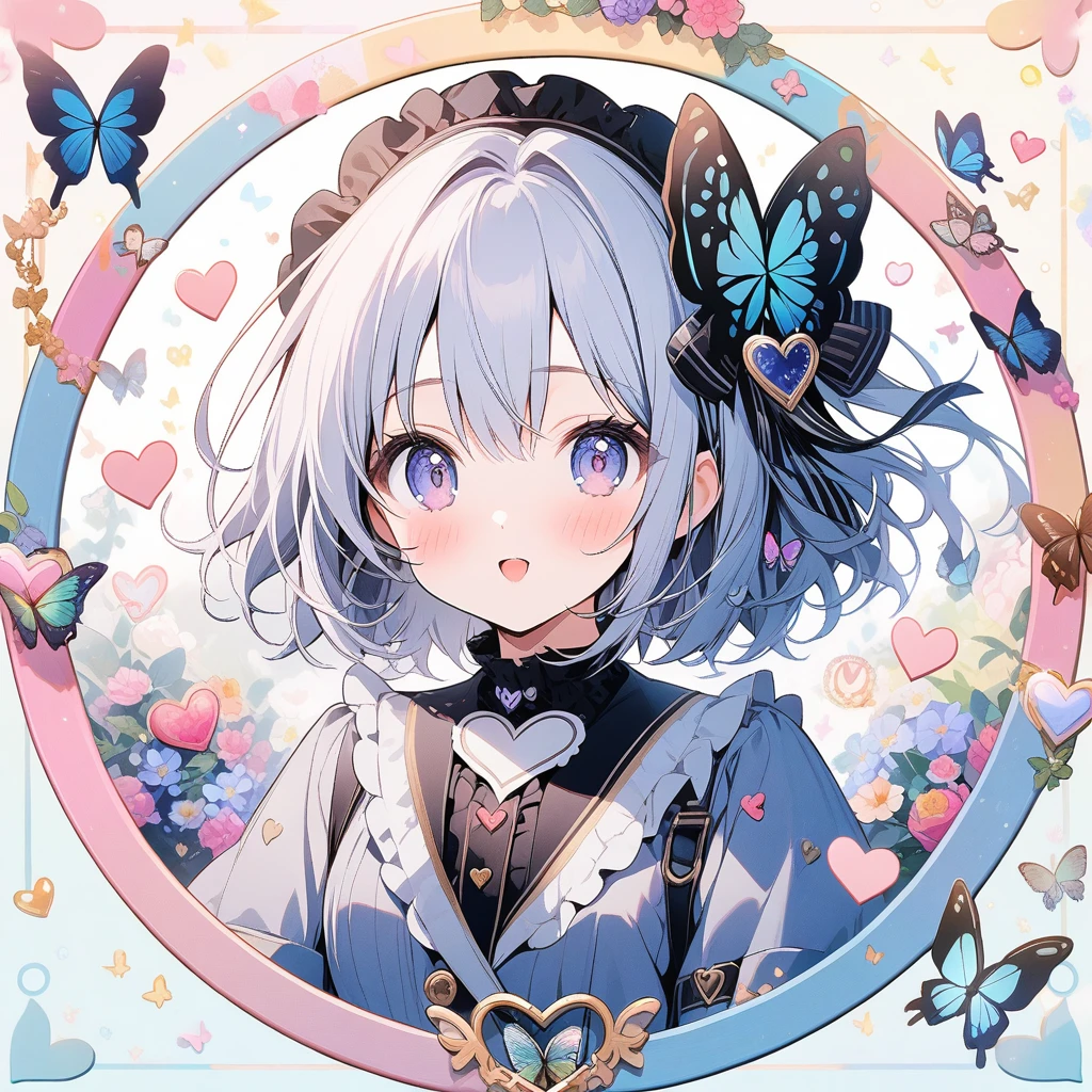 (circle frame1.7),1girl, butterfly,love hearts,icon, circle frame,

