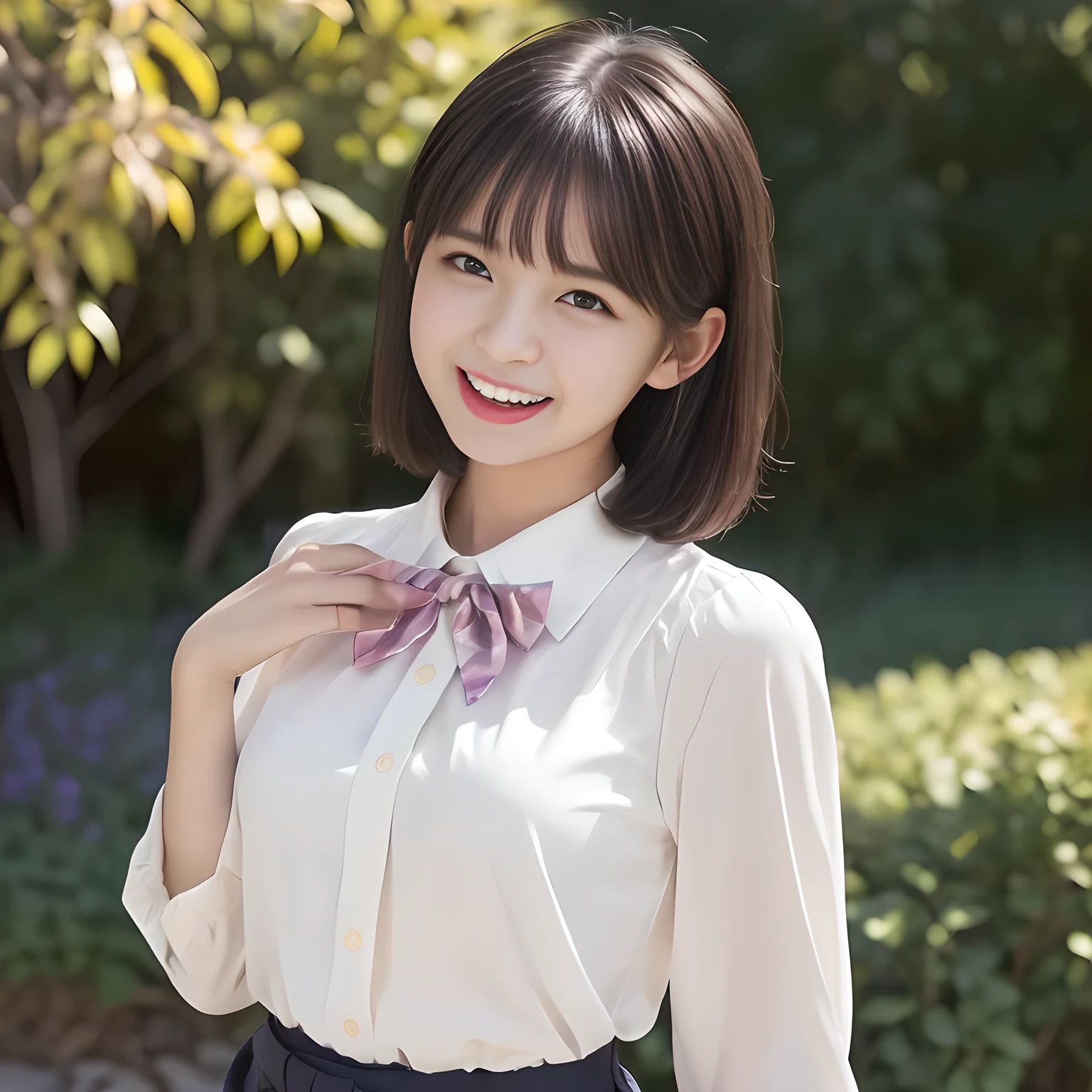 (highest quality, masterpiece:1.2), highest quality, High resolution, 1080P, 8K, Height: 158cm, ((A very intelligent, very noble, pretty and neat Japanese beautiful girl fashion model. 16 years old. Looking at the audience. Realistic fashion model)), ((((White face with plump cheeks)))), Glossy lips, (Evenly cut bangs), ((Very beautiful dark eyes)), The very large, shiny, wide red ribbon bow-tie on her chest is very cute., ((Black Hair)), ((a little waved very short bobbed hair)), (((Cream colored blouse))), A neat uniform, Very lustrous, glossy lips, Open hand over open mouth, Beautiful hair like a hair model, Cream colored long skirt, Watching the viewer and laughing, ((Incredibly well organized, The expression is rich. plump and beautiful skin and face)), ((Pure and clear eyes)), Long eyelashes, ((laughing at me!)), A ruffled blouse will highlight the shadows., Glossy Lips, Advertisement of Japanese girl's neat school fashion, ((noble and neat)), ((fascinating like succubus)), ((pink garden)