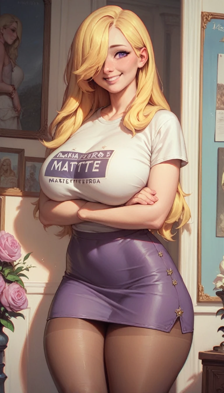 ((Best Quality)), ((Masterpiece)), (detailed), 1 girl, Pastel yellow hair, long hair, hair covers one eye, purple eyes, tight, big breasts, big thighs, expression smiling shy, white vote t-shirt, purple skirt, brown pantyhose