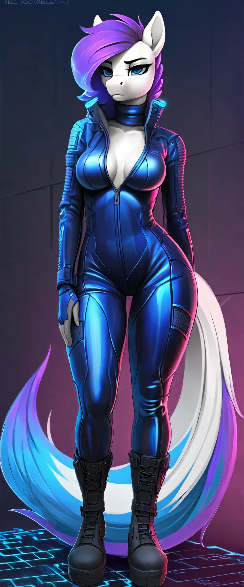 a ((full body)) cartoon picture of an anthropomorphic (((pony:0.9))), cyberpunk style, (((shiny latex cyberpunk neck-entry full bodysuit:1.5))), (((techwear jacket on top:0.9))), (((calf-high boots))), generic MLP style, professional drawing, female anthro pony, medium breasts, frowning, (((semi realistic cream white fur))), (((detailed eyes:1.0))), electric blue colored cyberpunk mane and tail with violet tips.