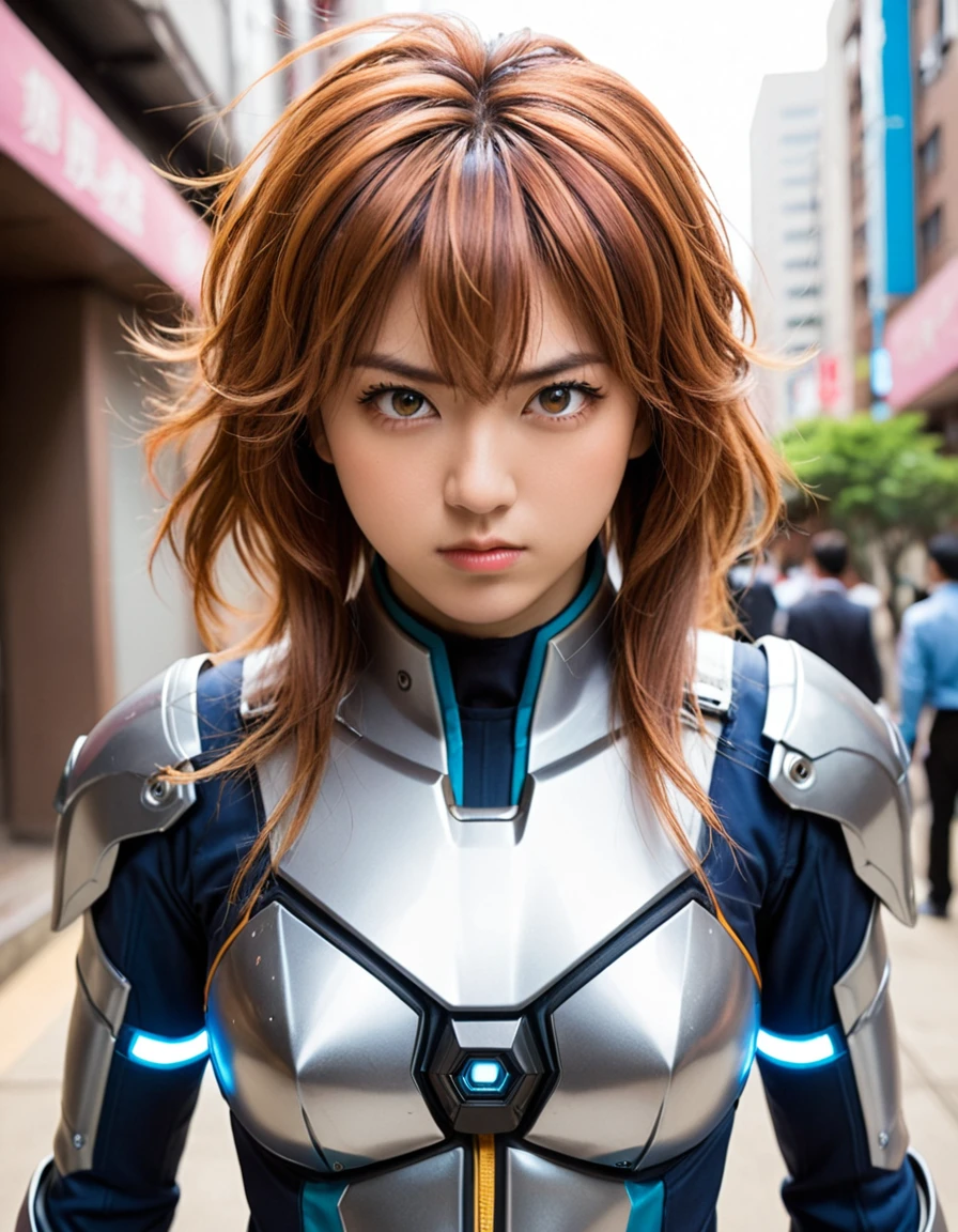 dynamic angle, (close up face), a ultra detailed beautiful photograph, (angry, embarrassed, tan), tsundere gal wearing a powered suit is a fusion of chaos and harmony. Her vibrant hair color and flashy nails contrast with the suit’s cold metallic quality. When she dons the suit’s helmet, her eyes blaze with fighting spirit and determination. Yet, amidst that strength, glimpses of her tsundere nature peek through. As she takes control of the powered suit, her movements overwhelm enemies in an instant.