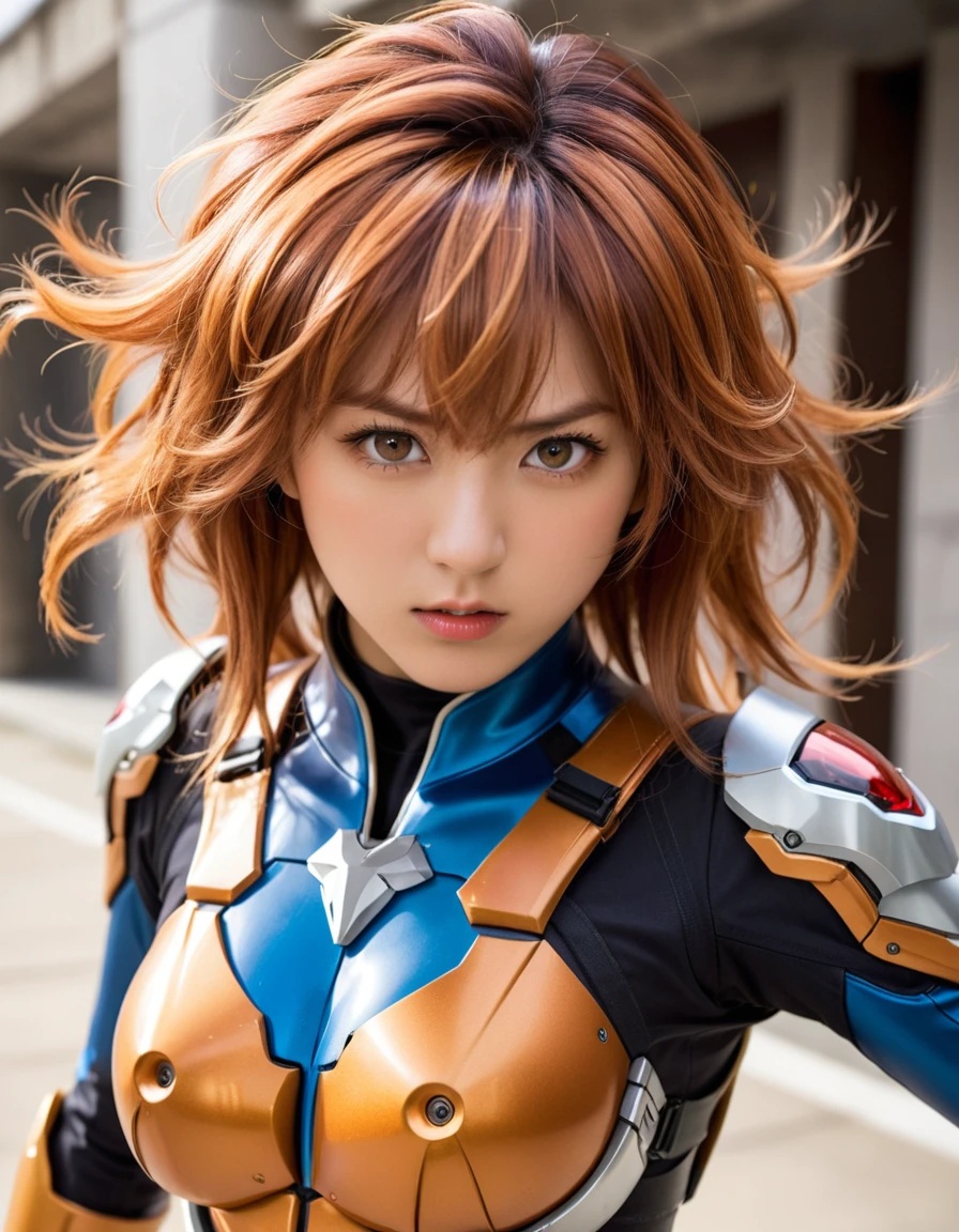 dynamic angle, (close up face), a ultra detailed beautiful photograph, (angry, embarrassed, tan), tsundere gal wearing a powered suit is a fusion of chaos and harmony. Her vibrant hair color and flashy nails contrast with the suit’s cold metallic quality. When she dons the suit’s helmet, her eyes blaze with fighting spirit and determination. Yet, amidst that strength, glimpses of her tsundere nature peek through. As she takes control of the powered suit, her movements overwhelm enemies in an instant.