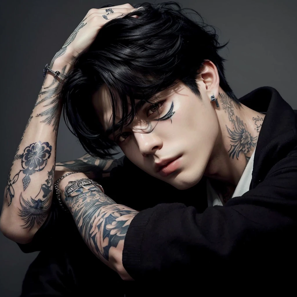 man with tattoos on his arms and neck, resting on his head, black haired, sharp and striking eyes, bts jimin, kpop male face, androgynous male