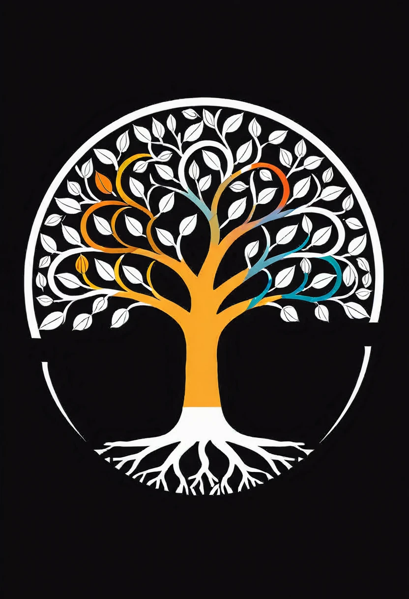a minimalist conception of a tree of life, Fond noir, en couleur, très détaillé, cinématique, dynamique, embrasé, couleurs riches, Beau, créatif, positif, vibrant, élégant, complexe, Réel, pensée, imposant, incroyable, Attractif, avancé, luxe, élite, Futuriste, cool, Génial, inspirant, aimant, merveilleux, épique, superbe t-shirt_conception